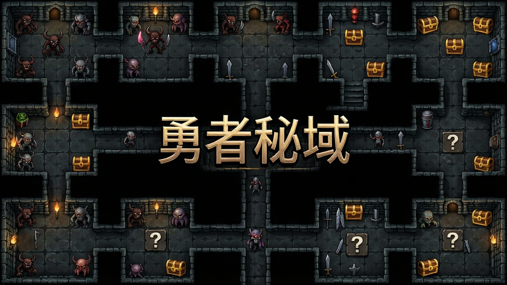 暗黑风格地下城俯瞰图,多个房间通过走廊连接,房间内有怪物图标、宝箱图标、问号事件图标,画面中央有“勇者秘域”游戏标题,布局清晰,排版整齐,暗黑奇幻风格,细节丰富,画质清晰,干净,无多余元素