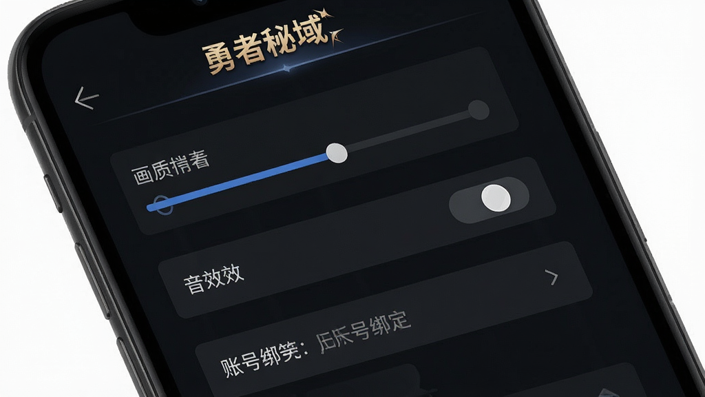 手机屏幕显示游戏设置界面,包含画质调节、音效开关、账号绑定选项,界面风格暗黑简洁,顶部有“勇者秘域”标题,竖版构图,细节清晰,画质干净,无多余元素