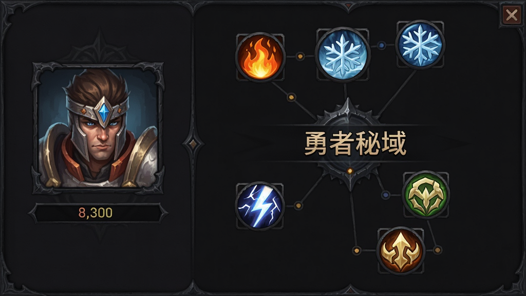 游戏技能界面截图风格插画,左侧为角色头像与等级,右侧为技能树,包含火焰、冰霜、雷电、召唤四类图标,界面中心有“勇者秘域”字样,暗黑UI风格,排版规整,细节清晰,画质干净,无多余元素