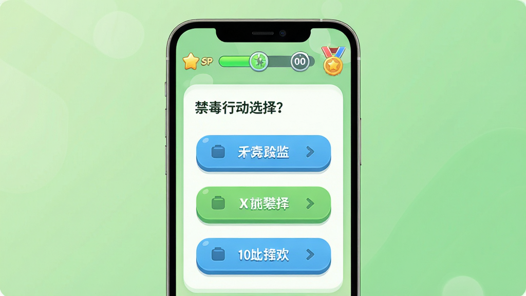 �����ж�APP�������չʾ������Ϊ�ֻ���Ļ����ʾһ������֪ʶѡ���⣬ѡ�ť�������Ϸ��е���ʱ������������Ϊ�����ɫ�������Ϊ������Ϸ��UI��ϸ����ʾ������ѫ��ͼ�꣬����1080P���ɾ��޶���Ԫ��