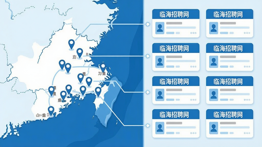一张信息聚合场景插图,画面左侧是临海地图轮廓,右侧是整齐排列的招聘信息卡片,卡片上标注“临海招聘网”字样,地图上多个位置点发出连接线指向卡片,整体布局左右呼应,风格现代扁平化,色调以蓝白为主,细节干净,画质清晰,无多余装饰元素