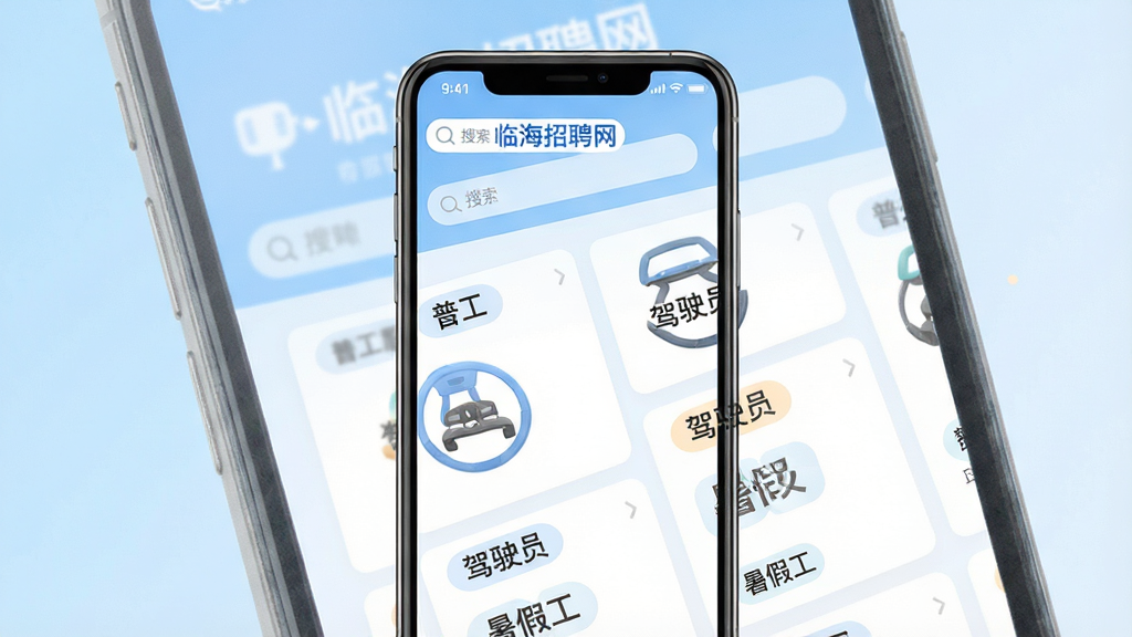 一张手机应用界面展示图,画面中央是一部竖屏智能手机,屏幕内显示临海招聘网APP的首页,顶部有搜索框和“临海招聘网”字样,下方排列着岗位卡片,包含“普工”“驾驶员”“暑假工”等标签,背景是干净的浅蓝色渐变,整体风格清爽简约,排版整洁有序,细节清晰,画质高清,干净无多余元素