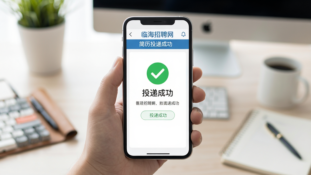 一张手机操作示意图,画面中一只手拿着手机,屏幕上显示临海招聘网的简历投递成功页面,有绿色对勾图标和“投递成功”文字,背景是柔和的工作桌面场景,风格写实清新,排版居中,细节丰富,画质高清,干净整洁
