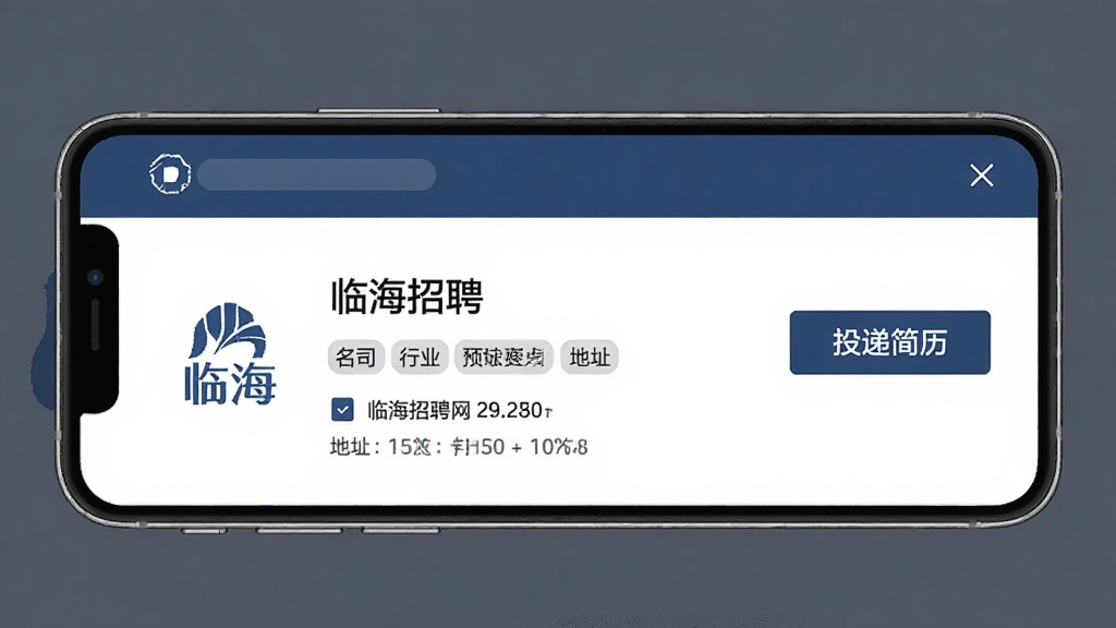 一张企业信息页面示意图,手机屏幕显示临海招聘网的企业详情页,包含公司Logo位置、公司名称、行业标签和地址信息,右侧有“投递简历”按钮,整体排版规整,风格商务简洁,色调沉稳,细节清晰,画质干净