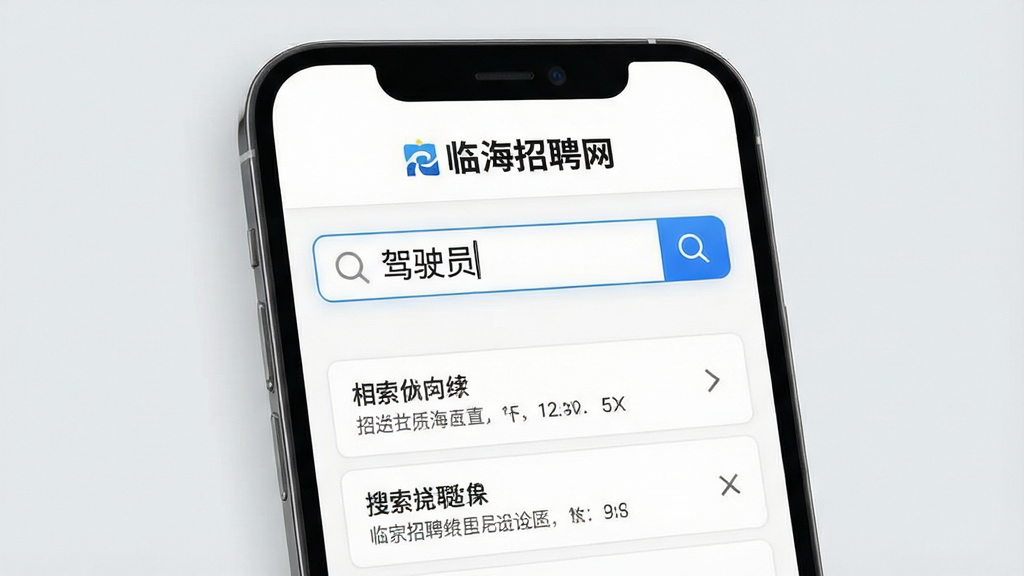 一张搜索功能展示图,画面主体是手机屏幕上的搜索界面,搜索框内显示“驾驶员”关键词,下方列出相关岗位结果,屏幕上方有“临海招聘网”标识,背景为浅灰色,风格简洁科技感,布局清晰,细节锐利,画质干净,无杂乱元素