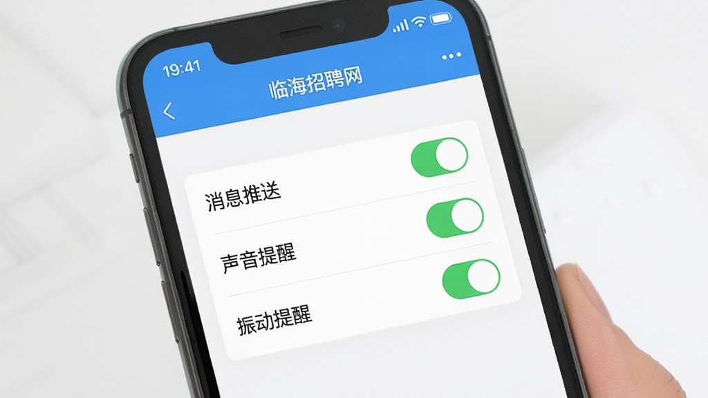 一张手机应用操作场景图,画面展示临海招聘网的消息通知设置页面,手机屏幕上可以看到“消息推送”“声音提醒”“振动提醒”等开关选项,背景是简洁的白色界面,风格清爽直观,排版整齐,细节清晰,画质干净