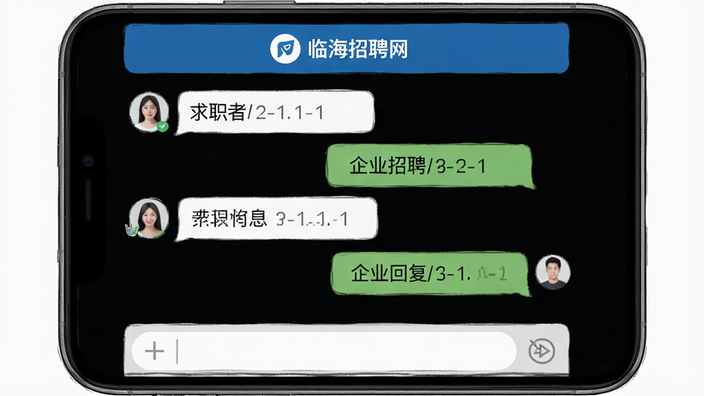 一张聊天界面示意图,手机屏幕展示临海招聘网的在线沟通窗口,左侧是求职者消息气泡,右侧是企业回复气泡,顶部显示企业名称,底部有输入框,背景干净,风格清爽,排版整齐,画质高清,无多余元素