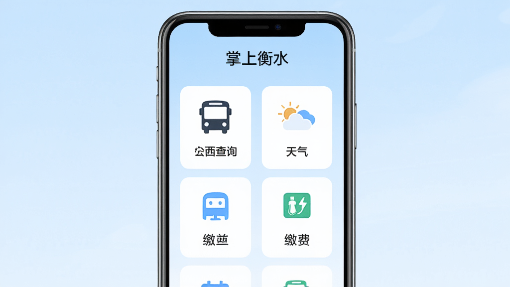 һ���ֻ���Ļ��ʾ�����Ϻ�ˮ��APP�ı������ҳ�棬ҳ�����й�����ѯ���������ɷѵȶ������ͼ���������У�����Ϊ����ɫ���䣬ͼ����Ƽ��ͳһ����������ˬ�ɾ������ֹ淶����ϸ�ھ��£����ʸ��壬�޶���Ԫ��