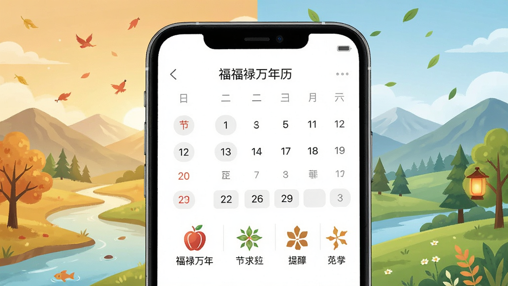 一张福禄万年历节日节气提醒功能的生图,画面展示手机日历界面,日期下方标注节日名称与节气图标,背景为四季变换的风景插画,风格清新自然,主体突出,画质干净无杂乱