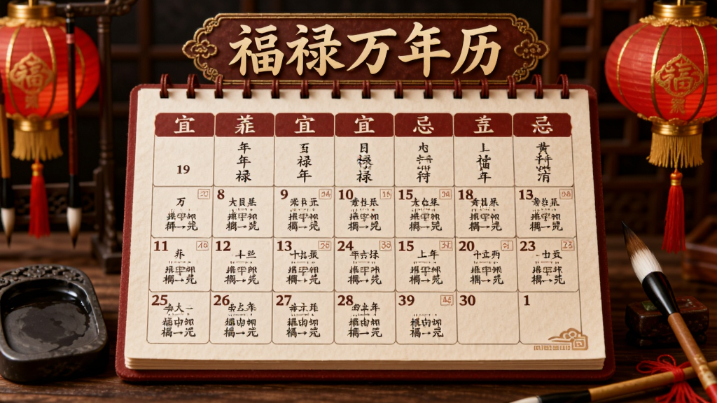 一幅展现福禄万年历黄历宜忌功能的AI生图,画面以日历页面为主体,上方标注“福禄万年历”字样,页面中清晰列出宜忌事项,周围点缀毛笔、砚台、红灯笼等传统文化元素,风格古朴典雅,画质细腻干净