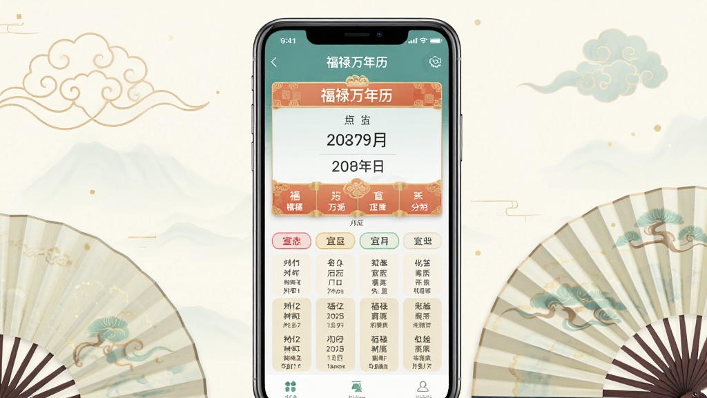 一张展示福禄万年历主界面的预览图,画面中央是手机屏幕,屏幕内显示福禄万年历应用界面,包含日期、农历、宜忌信息,背景为淡雅的中国风元素如祥云、折扇,整体风格简约清新,画质干净清晰,无多余元素