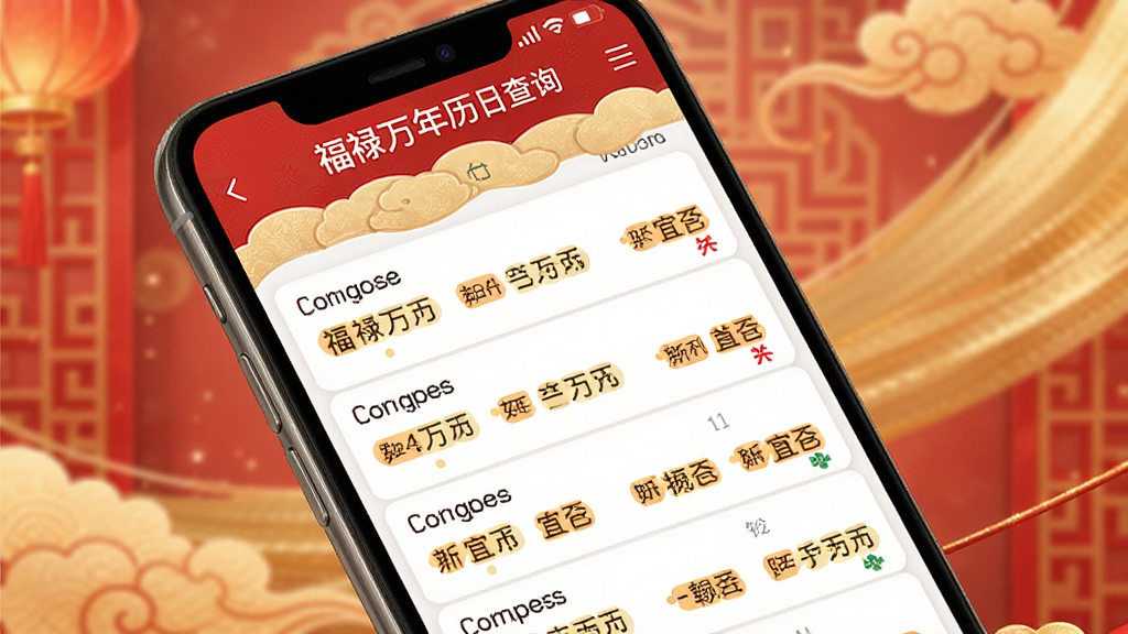 一幅福禄万年历吉日查询界面的生图,画面中手机屏幕显示吉日筛选结果,列表清晰展示多个日期与宜忌标签,背景为柔和的中国红与金色搭配,风格喜庆而不失简洁,画质干净
