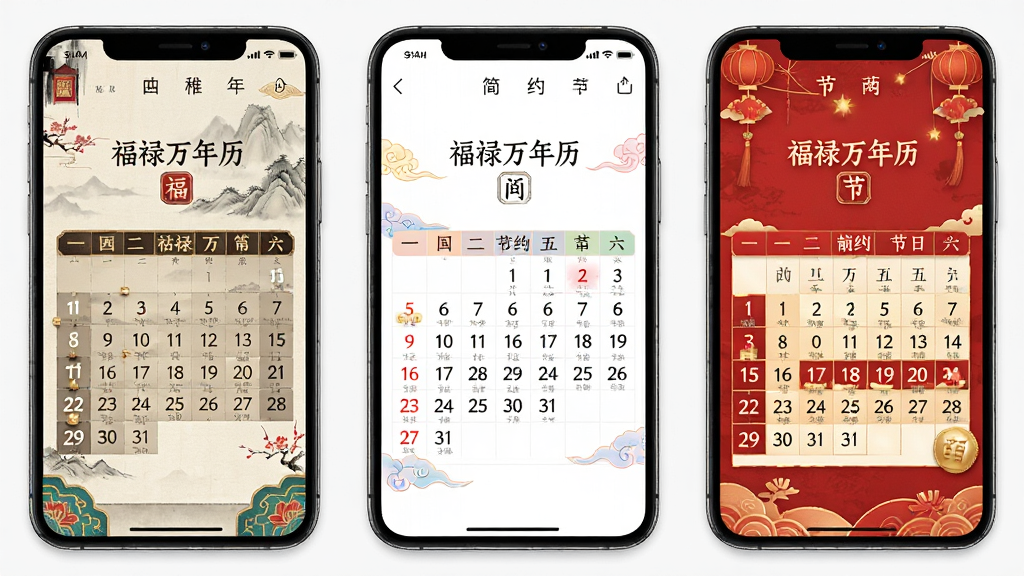 一张展示福禄万年历主题皮肤切换功能的生图,画面中并排展示三款不同风格的日历界面,分别为古典风、简约风、节日风,每款界面均带有“福禄万年历”标识,整体排版整齐,画质清晰干净