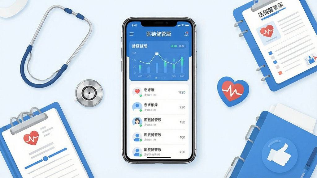 一幅展示医链健管版手机应用界面的场景图,画面中央放置一部智能手机,屏幕显示健康管理仪表盘与患者列表,手机周围环绕听诊器、病历本、心率图标等医疗元素,布局采用居中对称式构图,风格为现代扁平化医疗科技风,细节上手机屏幕内有“医链健管版”文字标识,整体色调以蓝白为主,干净清爽,无多余装饰元素,高清画质,适合作为软件下载站配图