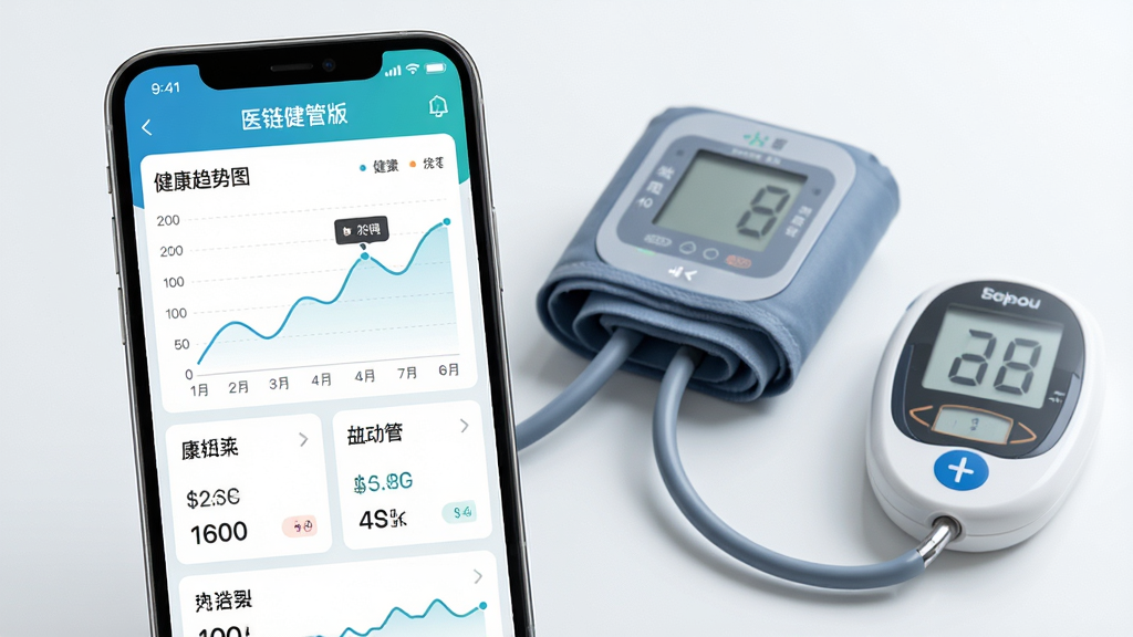 一张展示健康数据追踪功能的AI生图,画面主体为手机屏幕显示医链健管版的折线图与数据面板,旁边放置血压计和血糖仪,布局采用上下分层式构图,风格为清新科技风,细节上屏幕中标注“医链健管版”健康趋势图,画质高清,背景干净,无多余元素