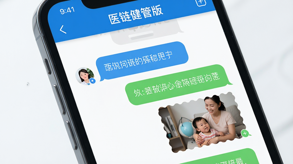 一张以在线医患沟通为主题的AI生图,画面主体为手机屏幕展示医链健管版聊天界面,对话框中有文字与图片消息,布局采用居中特写式构图,风格为现代简约风,细节上屏幕顶部显示“医链健管版”字样,画质细腻,色彩明快,背景干净整洁