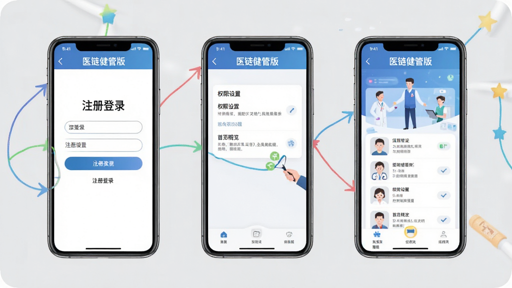 一张展示医链健管版安装使用步骤的AI生图,画面主体为手机屏幕依次展示注册登录、权限设置、首页概览三个界面,布局采用横向排列式构图,风格为清新教程插画风,细节上每个界面顶部标注“医链健管版”文字,画质清晰,背景为浅灰色,干净无多余装饰