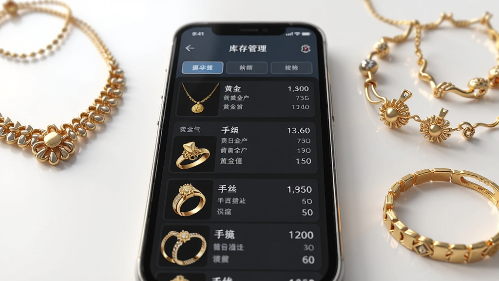 一张AI生成的图片,画面中央是手机屏幕显示库存管理界面,屏幕内列出黄金项链、戒指、手镯等商品条目和数量,屏幕旁边摆放着黄金首饰实物,背景为简洁的白色桌面,布局为左右对照式,风格为写实产品摄影,细节清晰,画质干净,无多余元素