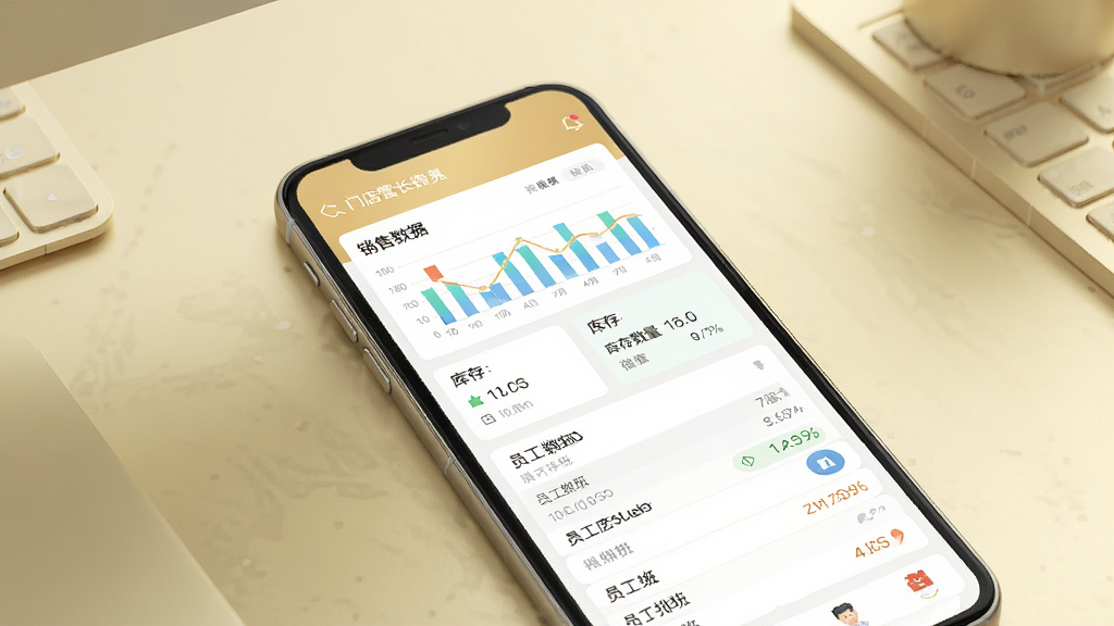 一张手机屏幕展示黄金店长软件主界面的图片,画面中央是手机正面,屏幕内显示门店管理仪表盘,包含销售数据图表、库存数量卡片和员工排班列表,背景为简洁的浅金色调办公桌面,画面风格为写实产品展示,细节清晰,画质干净,无多余元素