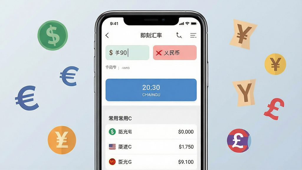 一张展示即刻汇率手机应用主界面的图片,画面中央是一部竖向摆放的智能手机,屏幕内显示即刻汇率App的换算界面,上方是美元与人民币的输入框,中间有醒目的换算按钮,下方是常用货币列表。背景为浅灰蓝色渐变,周围漂浮着美元、欧元、日元、英镑等货币符号的扁平化图标。整体风格简洁清爽,排版居中对齐,细节清晰,画质干净无多余元素,适合软件下载站配图。