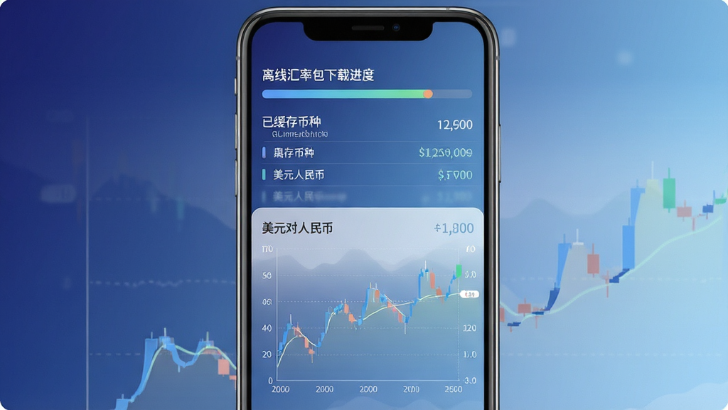 一张展示即刻汇率离线汇率与走势图功能的图片,画面中手机屏幕分为上下两部分,上半部分是离线汇率包下载进度条和已缓存币种列表,下半部分是美元对人民币近三十天走势折线图。背景为深蓝到浅蓝的渐变,图表线条清晰,配色柔和,整体排版规整,画质干净无多余装饰。