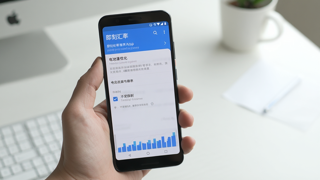 一张展示即刻汇率在安卓手机上安装与权限设置场景的图片,画面中一只手拿着手机,屏幕上显示即刻汇率App的电池优化设置页面,旁边有勾选「不受限制」的选项。背景是简洁的桌面环境,光线柔和,手机界面清晰可见,整体风格写实、干净、无多余元素,适合作为教程配图。