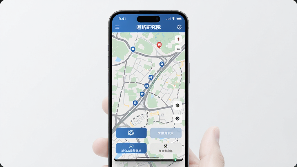 主体为一部智能手机,屏幕上显示道路研究院软件的主界面,界面中有道路规划地图和功能按钮,布局为手机居中展示,背景为简洁的浅灰色,排版突出手机屏幕内容,风格为现代科技感,细节包括地图上的道路线条和图标,画质清晰,干净,无多余元素