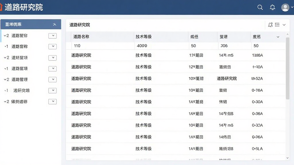主体为道路研究院软件的数据查询界面,布局为左侧筛选栏右侧数据列表,排版整齐,风格为商务简约,细节包括道路名称、技术等级等字段,画质清晰,干净,无多余元素,图片中文字为