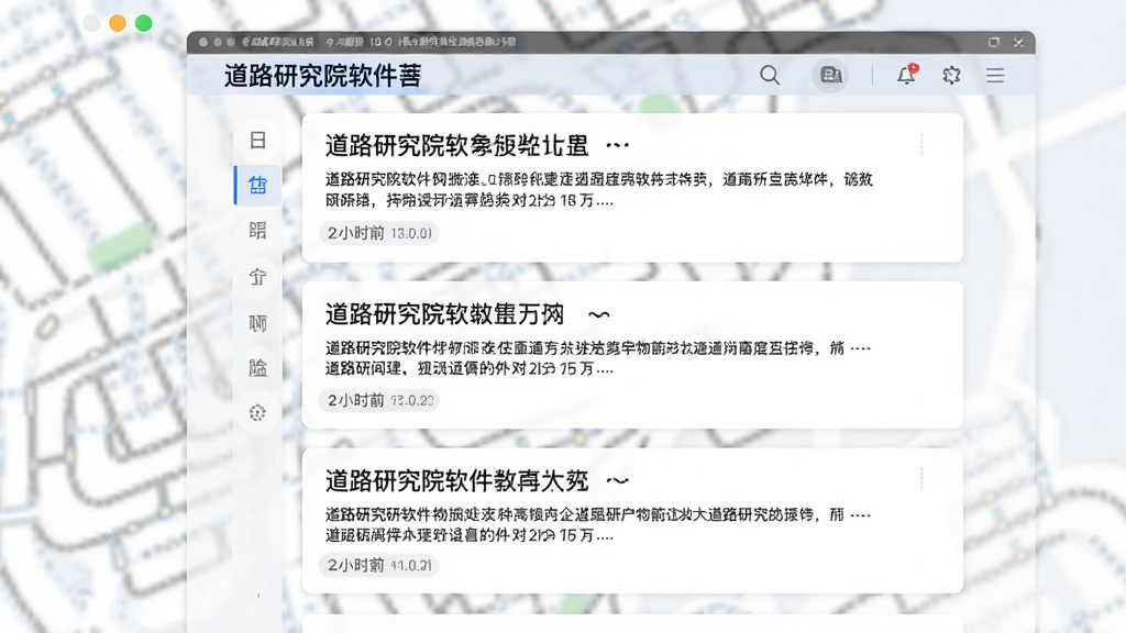 主体为道路研究院软件的资讯列表界面,布局为纵向卡片流,排版清晰,风格为新闻阅读风,细节包括标题、摘要和时间标签,画质清晰,干净,无多余元素