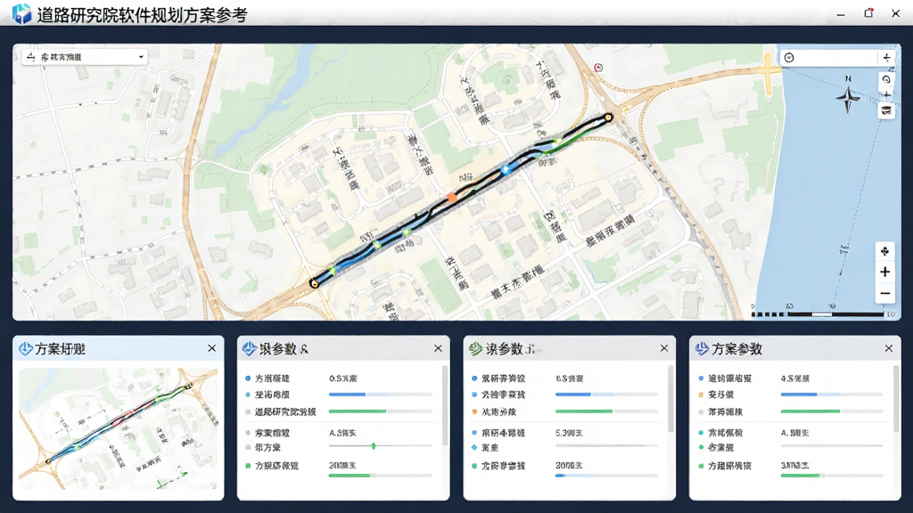 主体为道路研究院软件的规划方案参考界面,布局为上方地图下方方案卡片,排版清晰,风格为专业工程风,细节包括路线走向示意图和方案参数,画质清晰,干净,无多余元素