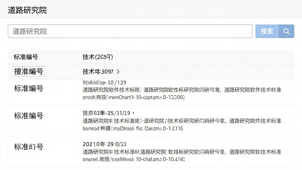 主体为道路研究院软件的技术标准检索界面,布局为搜索框在上方结果列表在下方,排版简洁,风格为极简工具风,细节包括标准编号和条文摘要,画质清晰,干净,无多余元素,图片中文字为
