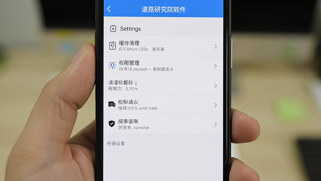 主体为手机屏幕显示道路研究院软件的设置界面,布局为纵向列表,排版清晰,风格为工具类应用常见设置页,细节包括缓存清理、权限管理等选项,画质清晰,干净,无多余元素