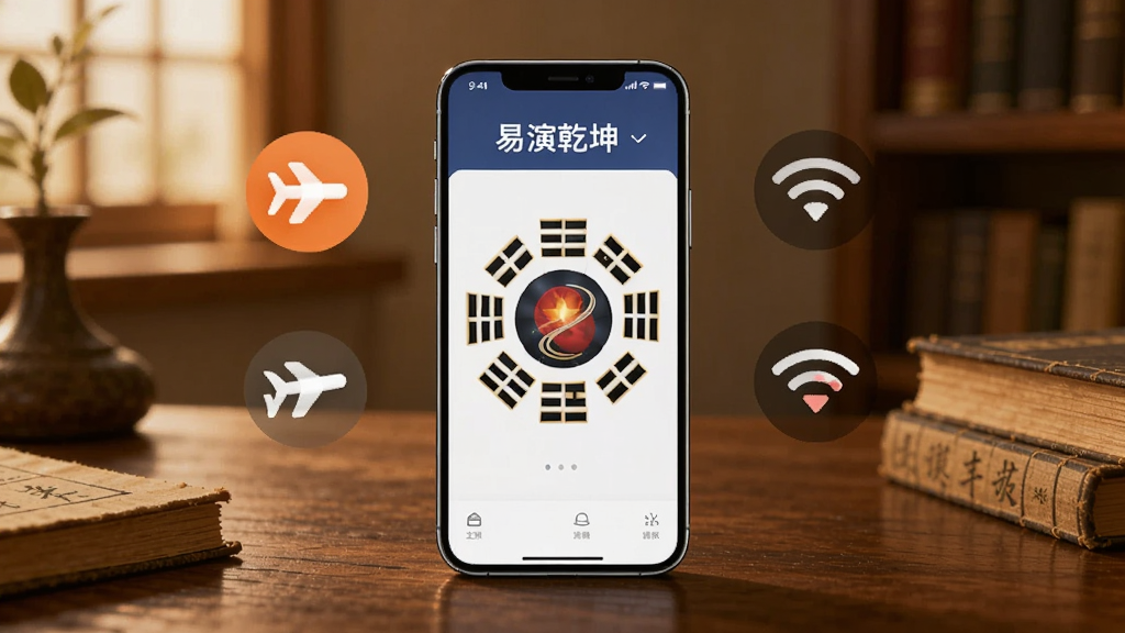 一部手机放置在木质桌面上,屏幕显示“易演乾坤”软件主界面,手机周围有飞行模式图标和无线网络关闭的符号,背景为温馨的书房环境,风格为写实生活场景,细节包括手机屏幕上的八卦罗盘图案和桌面上的古籍,画质清晰,干净,无多余元素