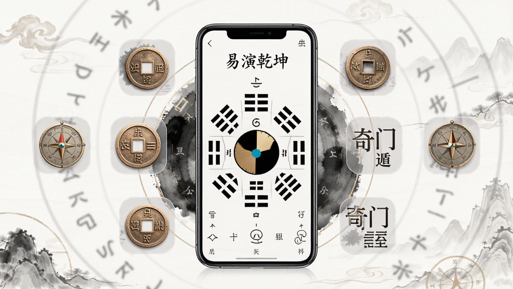 一款名为“易演乾坤”的手机应用界面展示,画面中央是手机屏幕,屏幕内显示六爻排盘图表和八卦符号,周围环绕着八字、奇门遁甲等术数元素的半透明图标,整体布局为居中对称式,风格为现代科技与中国传统水墨融合,细节包括铜钱、罗盘、天干地支文字,画质清晰,干净,无多余元素