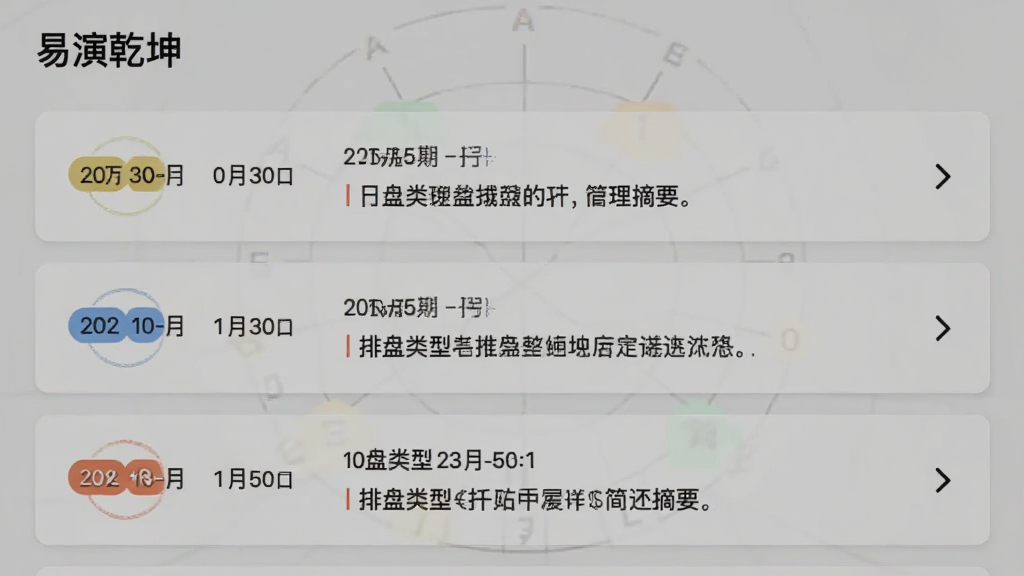 “易演乾坤”软件的历史记录页面截图,画面展示按时间排序的排盘记录列表,每条记录包含日期、排盘类型和简要摘要,布局为垂直列表式,风格为清爽卡片式设计,细节包括左侧的彩色标签和右侧的箭头图标,画质清晰,干净,无多余元素