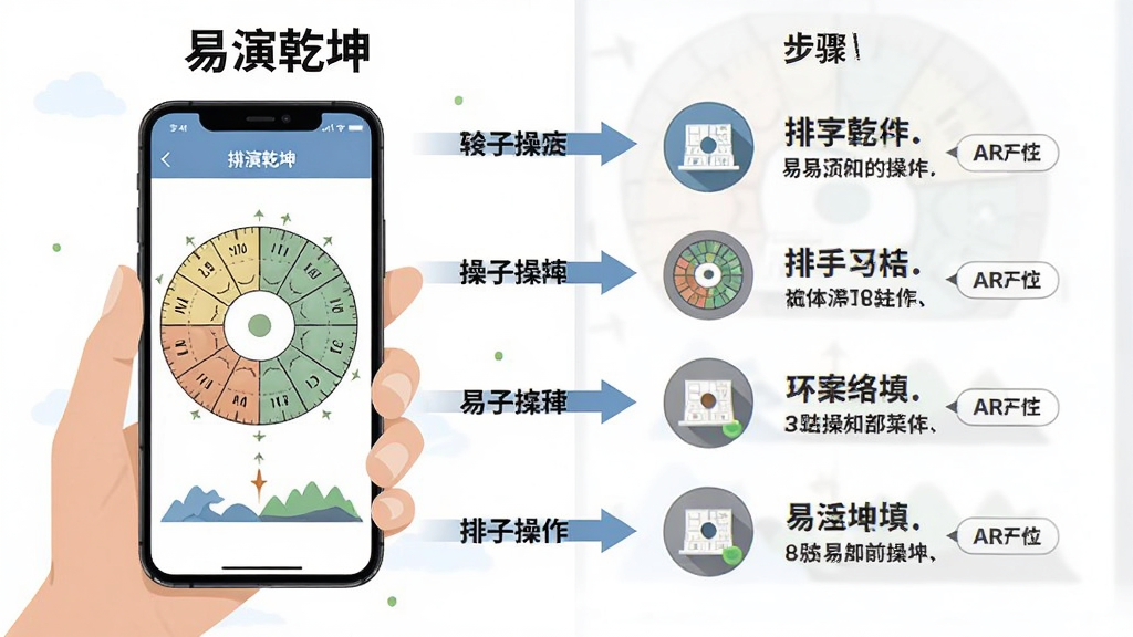 “易演乾坤”软件在手机上的操作指引示意图,画面展示一只手拿着手机,屏幕上显示排盘操作步骤,旁边有箭头和文字标注,布局为左右分栏,左侧是手机操作图右侧是步骤说明,风格为扁平化教程插图,细节包括清晰的图标和简洁的文字,画质清晰,干净,无多余元素