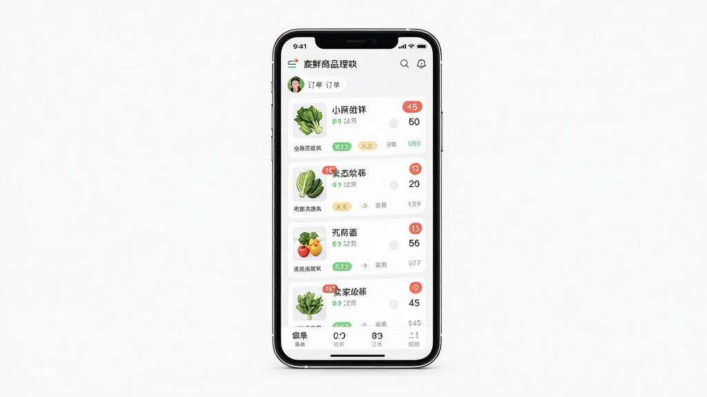 鲜卖家软件主界面展示,画面中央是一部智能手机,屏幕上显示生鲜商品管理面板与订单列表,主体为手机与界面,布局采用居中构图,排版整洁清晰,风格为现代扁平化设计,细节包含商品缩略图、状态标签、数字角标,画质高清,画面干净,无多余元素