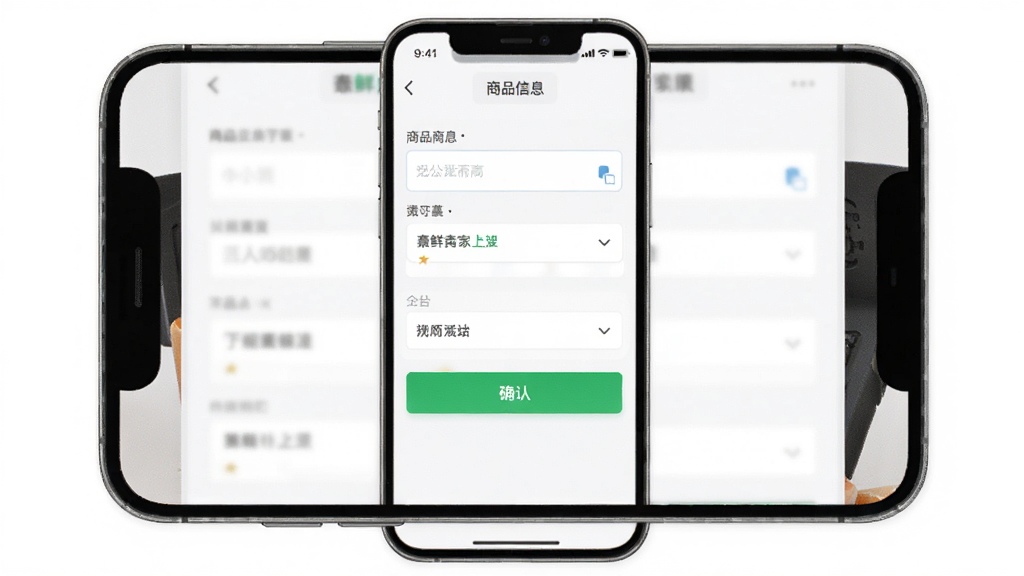 鲜卖家商品上架界面,画面主体为手机屏幕中显示的商品信息填写表单,布局为上下结构,排版规整,风格为清爽浅色系UI,细节包含输入框、下拉菜单、绿色确认按钮,画质清晰,画面干净,无多余元素