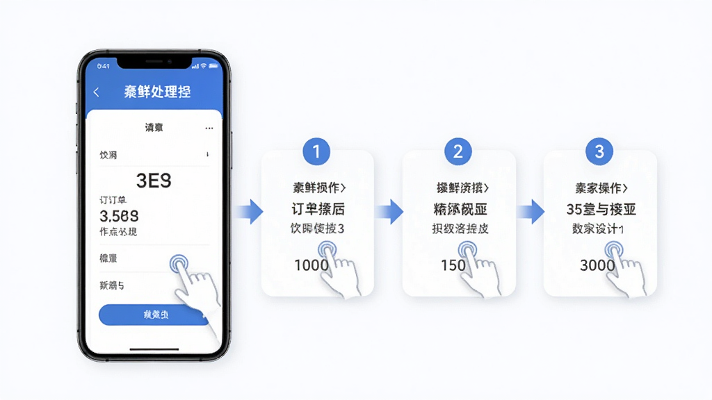 鲜卖家移动端操作指引示意图,画面主体为手机屏幕展示订单处理流程,布局为分步图示,排版从左到右递进,风格为简洁商务风,细节包含步骤编号、箭头指引、操作手势,画质清晰,画面干净,无多余元素