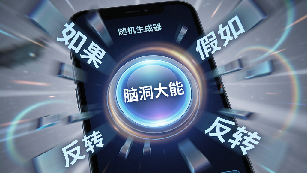 一张展示“脑洞大能”随机生成器界面的图片,画面主体为手机屏幕,屏幕中央有一个巨大的发光按钮,按钮周围环绕着旋转的文字碎片如“如果”“假如”“反转”,布局为放射状,风格为动感科技风,细节包括光晕和动态模糊效果,画质高清,干净,无多余元素