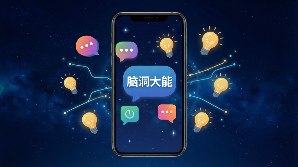 一张展示手机屏幕的图片,屏幕中央显示“脑洞大能”应用界面,界面上有多个彩色气泡和灯泡图标,背景为深蓝色星空,主体为手机和悬浮的创意元素,布局居中,排版简洁,风格为扁平化科技感,细节包括发光线条和粒子效果,画质高清,干净,无多余元素
