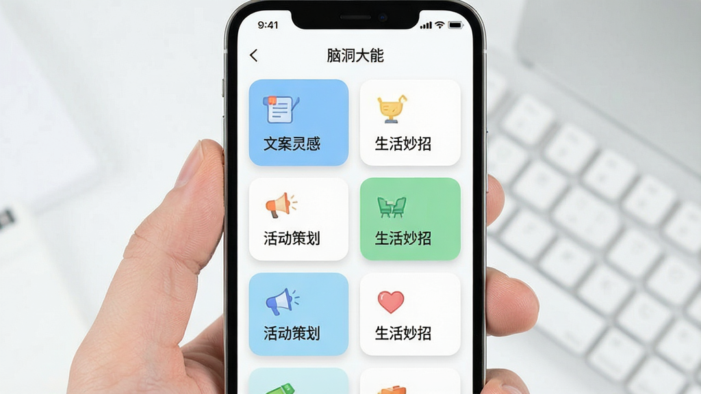 一张展示“脑洞大能”应用内灵感库界面的图片,画面主体为手机屏幕,屏幕上排列着分类卡片如“文案灵感”“活动策划”“生活妙招”,每张卡片带有小图标和简短文字,布局为网格状,风格清新明快,细节包括柔和的阴影和圆角设计,画质高清,干净,无多余元素
