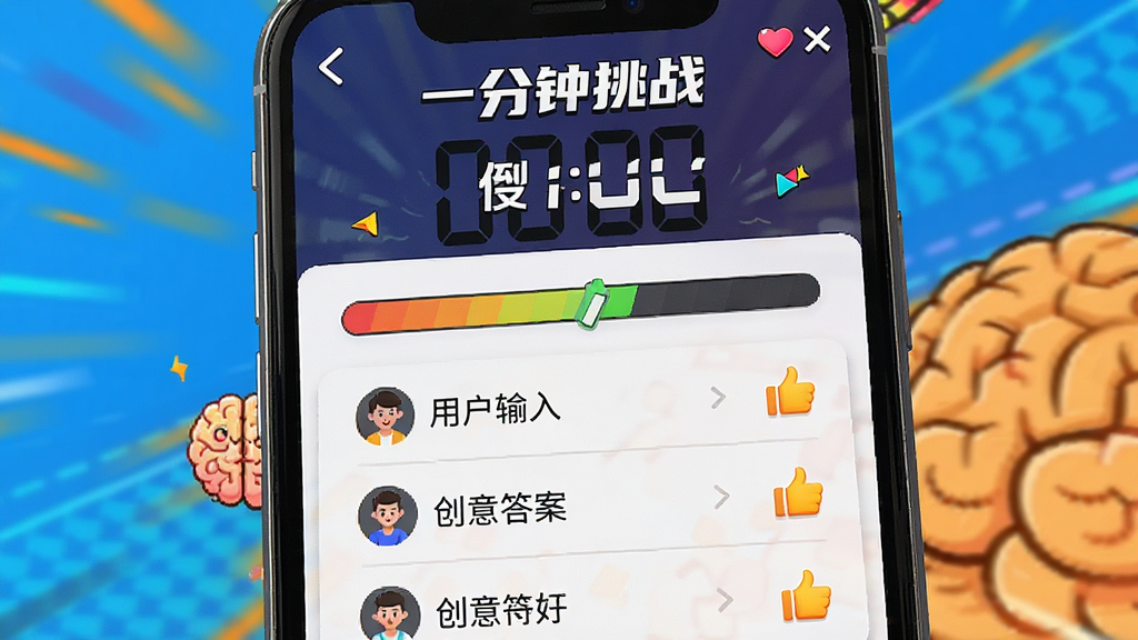 一张展示“脑洞大能”主题挑战模式界面的图片,画面主体为手机屏幕,屏幕上显示“一分钟挑战”倒计时和用户输入的创意答案列表,布局为上下结构,风格为活力竞技风,细节包括进度条和点赞图标,画质高清,干净,无多余元素