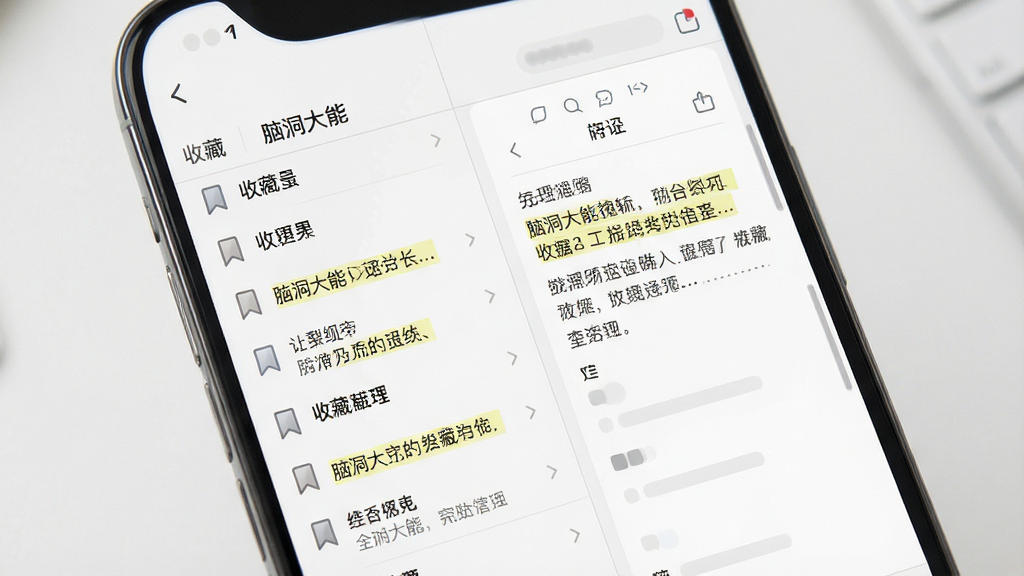 一张展示“脑洞大能”收藏与笔记界面的图片,画面主体为手机屏幕,屏幕上显示收藏列表和笔记编辑框,布局为左右分栏,风格为简约商务风,细节包括书签图标和文本高亮,画质高清,干净,无多余元素