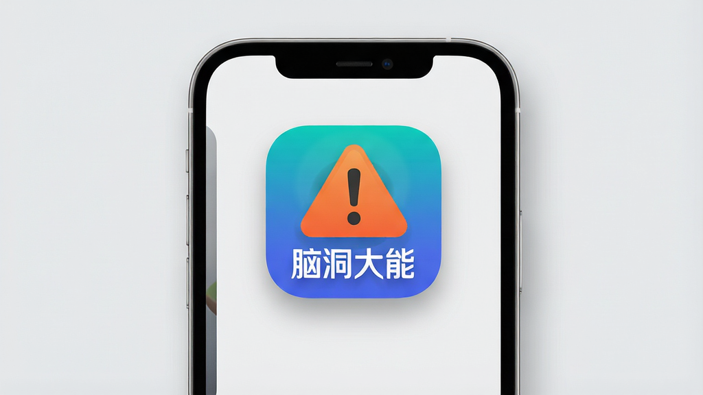 一张展示手机屏幕的图片,屏幕中央显示“脑洞大能”应用图标和一个带有感叹号的警告标志,背景为浅灰色,主体为手机和警告图标,布局居中,排版简洁,风格为提示说明风,细节包括圆角边框和柔和阴影,画质高清,干净,无多余元素