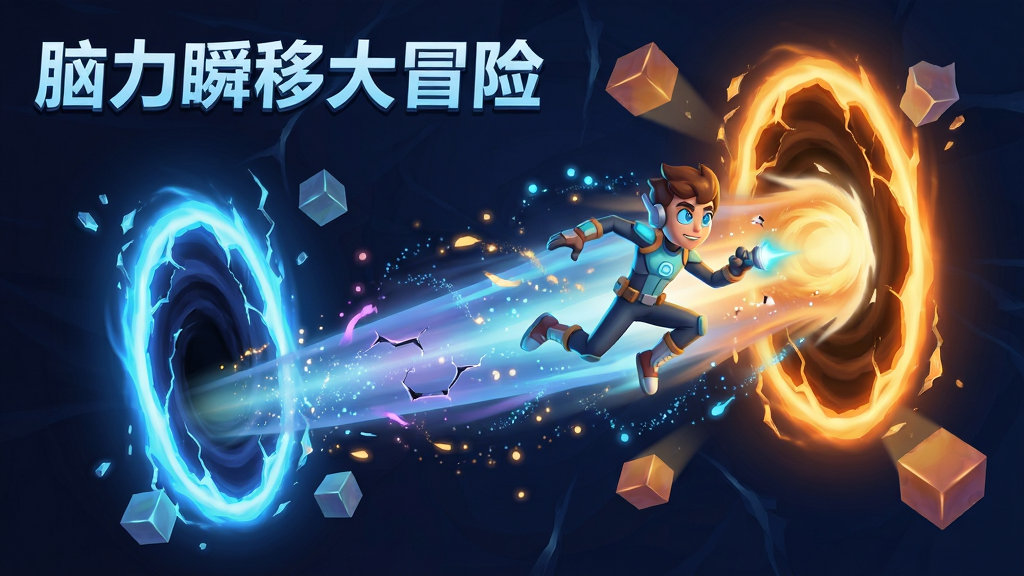 展示“脑力瞬移大冒险”中的空间瞬移玩法,主体为角色从蓝色传送门跃入橙色传送门的瞬间,布局为对角线动态构图,排版突出瞬移轨迹,风格为科幻卡通,细节包括空间裂缝、粒子光效、悬浮方块,画质高清,画面干净,无多余元素