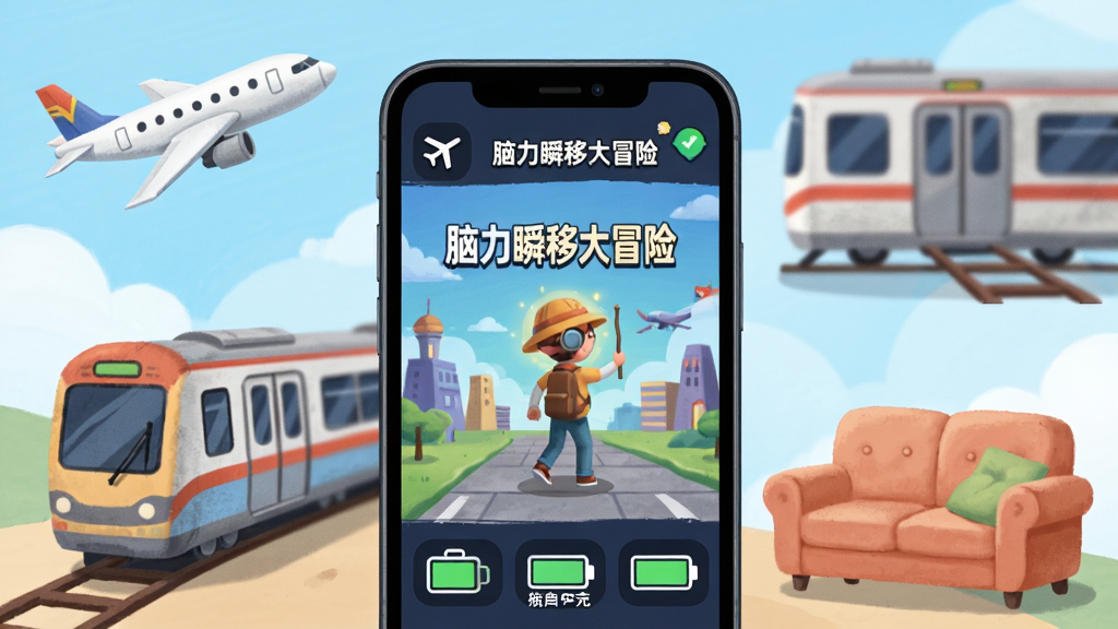 展示“脑力瞬移大冒险”离线游玩场景,主体为手机屏幕显示游戏画面,周围有飞机、地铁、沙发等生活元素环绕,布局为环绕式构图,排版突出手机主体,风格为生活化插画,细节包括飞行模式图标、存储空间图标、电池图标,画质高清,画面干净,无多余元素