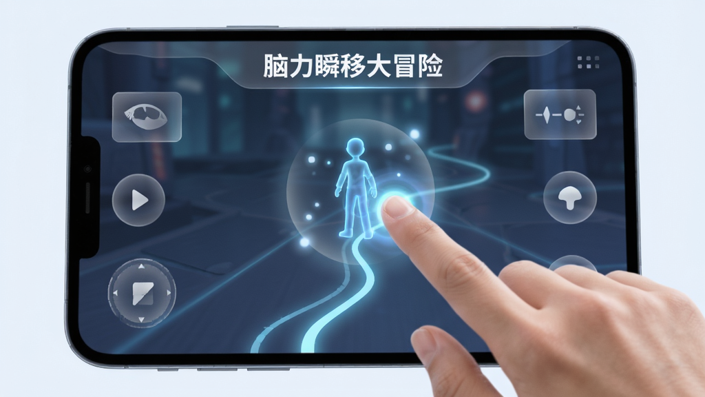 展示“脑力瞬移大冒险”的操作界面,主体为手指轻触屏幕引导角色瞬移,布局为第一人称视角,排版突出指尖与光点,风格为清新极简,细节包括半透明UI、柔和光晕、简洁路径线,画质高清,画面干净,无多余元素