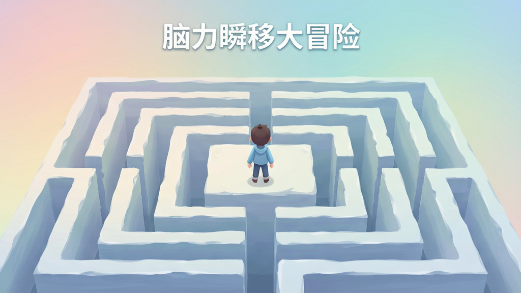展示“脑力瞬移大冒险”的纯净游戏界面,主体为角色独自站在迷宫中央,布局为居中对称构图,排版简洁,风格为宁静治愈,细节包括柔和的背景渐变、无广告弹窗、无社交图标,画质高清,画面干净,无多余元素