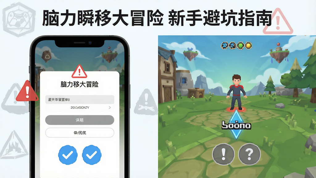 展示“脑力瞬移大冒险”新手避坑指南场景,主体为手机屏幕显示安装权限设置界面与游戏加载界面并列,布局为左右对比式,排版清晰,风格为扁平化教程插画,细节包括红色警告图标、蓝色优化图标、灰色提示图标,画质高清,画面干净,无多余元素